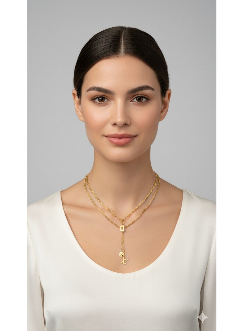 WARD Elegant Gold-Tone Stainless Steel Y-Shaped Chain for Women with Classic Logo Charms. - Image 1